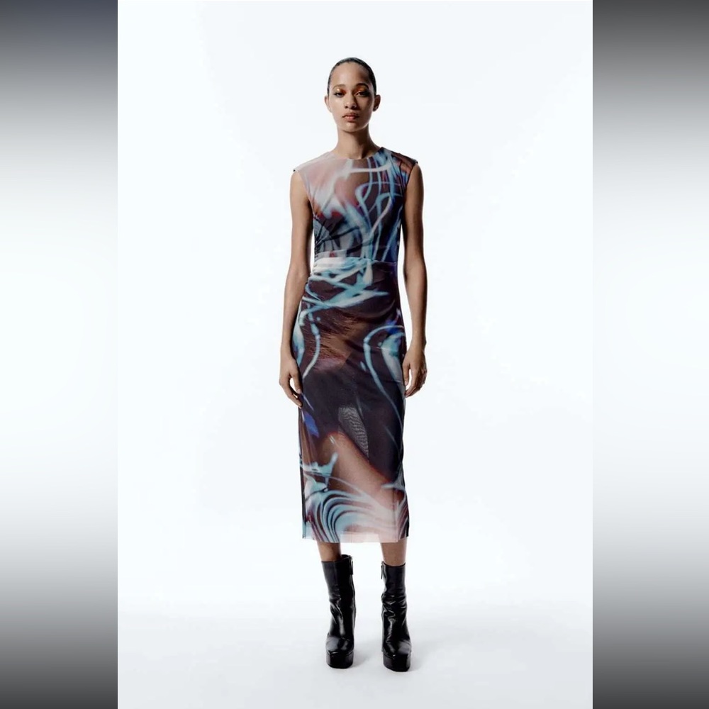 NWOT ZARA Printed Tulle Dress with wavy Pattern size S